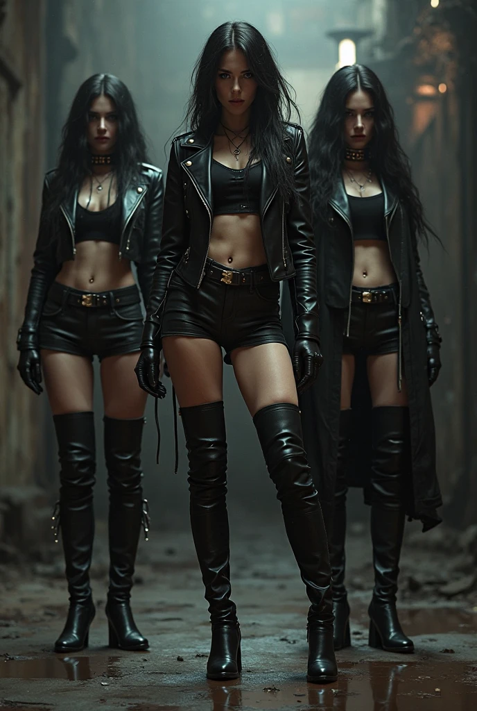 3 Arafed feminine girls dressed in black leather posing for a photo, chanel haired woman, chanel hairstyle, seductive gothic black costume, all black gothic clothes, high fashion, women, gothic clothes, gothic fashion clothes, goth - punk, gothic fashion clothes, emo gothic band, cyberpunk clothes, cyberpunk fashion, cyberpunk horror style, cyberpunk techwear, cyberpunk style