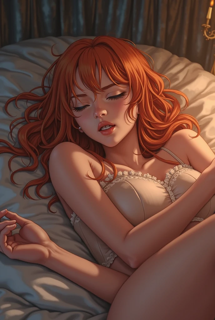 A young redhead woman lying on a bed wearing a green sleeveless shirt with the words "Touch me". (She points with her index finger at her panties:1.5). She lies on her side. Full body shot, top view, white panties. Colored sheets.