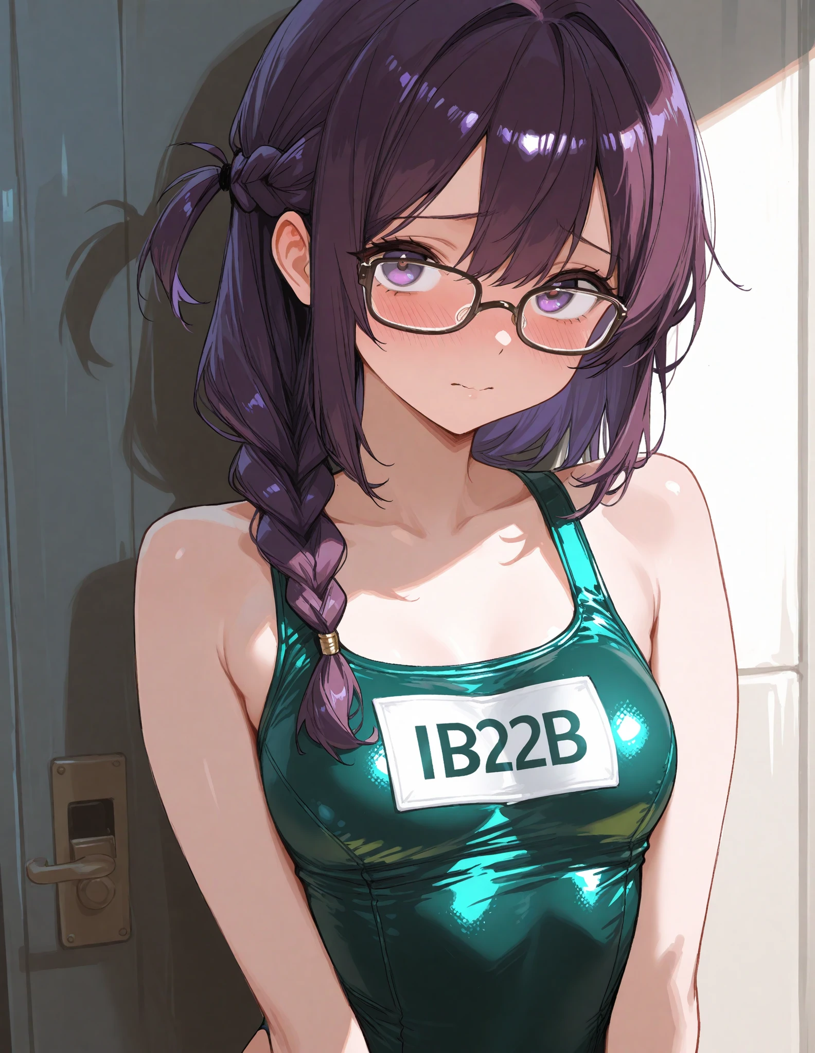 Really embarrassed tomboy girl, with short pink hair and glasses, in purple and green sexy micro underwear ,trying to cover herself