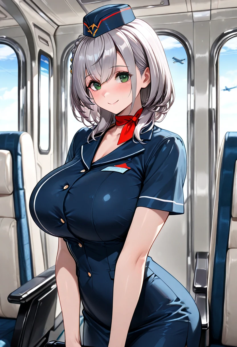 (blue police outfit), gold badge, black pleated skirt, police hat, (inside air plane background), air plane seat, ShenheV4, mature women, 20yo, anime cels style, best quality, high resolution, 1girl, (huge breasts:1.2), beautiful face, grey hair, long hair, hair ornament, (hair over one eye), blue eye, cowboy shot, light smile, happy face, blushing, navel