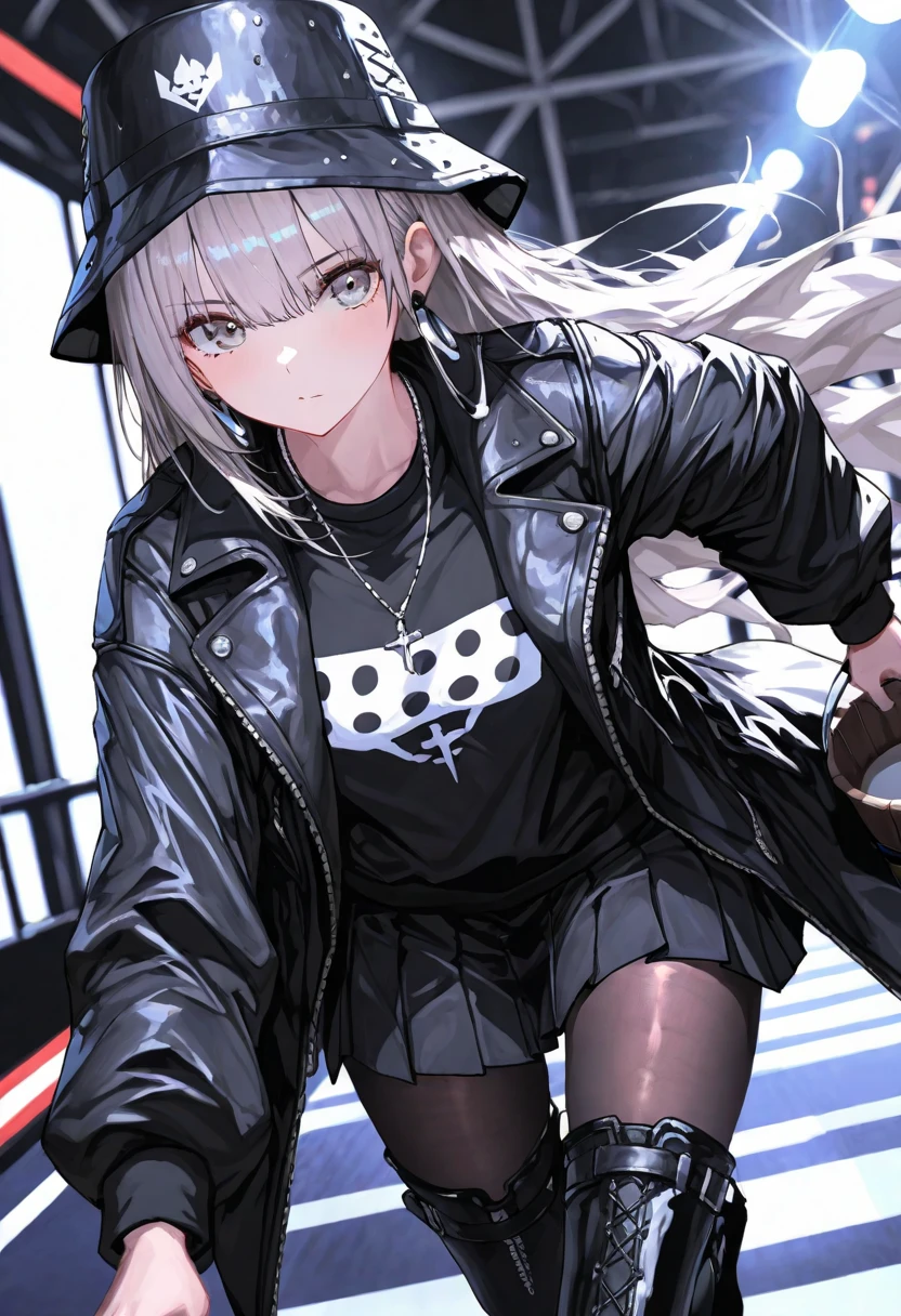 1girl, solo, white hair, purple eyes, twintails, school uniform, mini skirt, skull print, navy cap, leather jacket, orange sky,, outdoors, train station, standing in front of bus,,