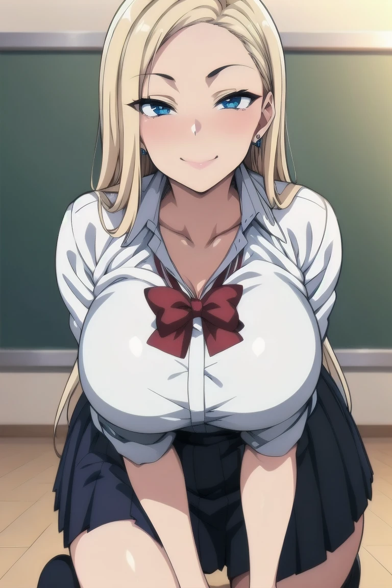 beautiful girl . big breasts. slim waist. big thighs. lustful personality. wearing a thin white sleeveless shirt that exposes the belly. short skirt . girl with lewd face. be a prostitute. school . big breasts. big thighs. blonde . cheerful lecherous face . White shirt