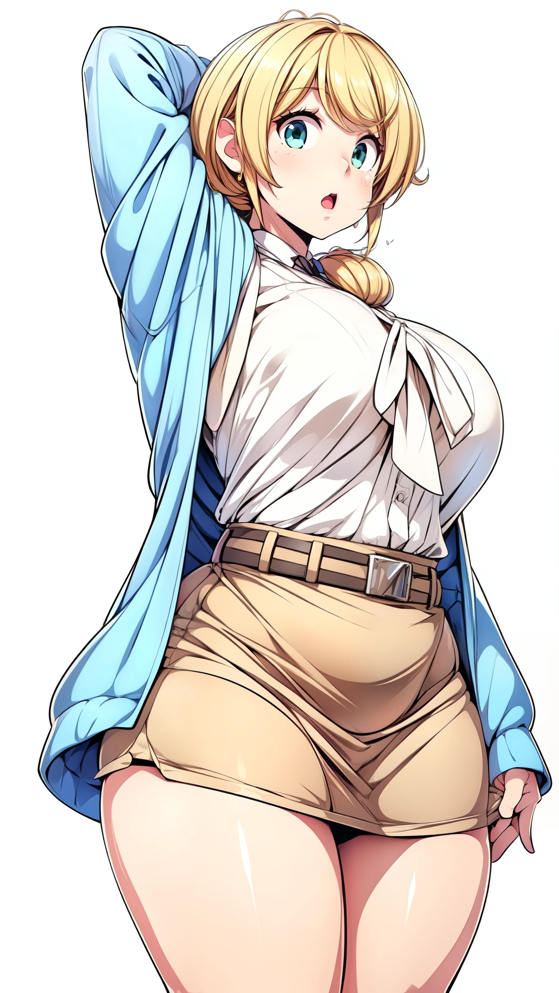(very detailed CG,Top Quality,8k, masterpiece: 1.3),SUPER DETAILS, Ultra Fine , ((simple white background)), Ellen Baker, The girl on the left has no breasts(teacher),22 years old,green eyes, watch, hair(blonde,length,loose side tail), skin( twinkle in both armpits, oily), (white sheer blouse),( light blue cardigan ), ( Light brown mini skirt ), ( cute pink panties standing evenly centered), (thin:1.4), (Big Breasts), (thin waist:1.4), ( wide waist), (( plump thighs , Thighs)), Plus Size Model, suffering, open your mouth, Chest , Gap Button , (from the side:0.9),