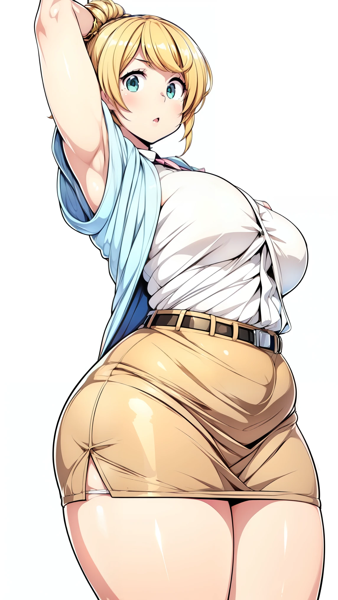 (very detailed CG,Top Quality,8k, masterpiece: 1.3),SUPER DETAILS, Ultra Fine , ((simple white background)), Ellen Baker, The girl on the left has no breasts(teacher),22 years old,green eyes, watch, hair(blonde,length,loose side tail), skin( twinkle in both armpits, oily), (white sheer blouse),( light blue cardigan ), ( Light brown mini skirt ), ( cute pink panties standing evenly centered), (thin:1.4), (Big Breasts), (thin waist:1.4), ( wide waist), (( plump thighs , Thighs)), Plus Size Model, suffering, open your mouth, Chest , Gap Button , (from the side:0.9),