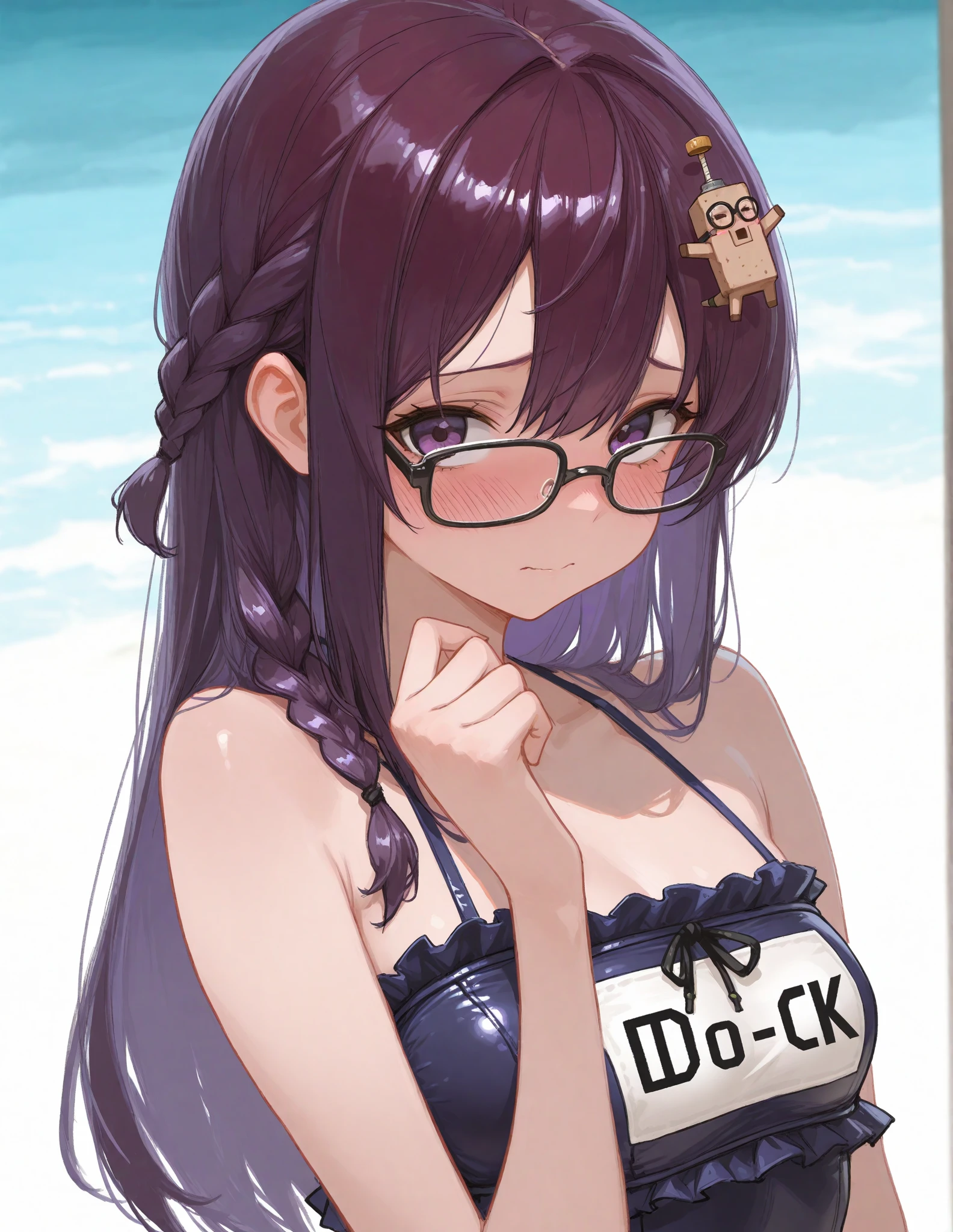 Mie Ai、1 girl、Wavy hair、glasses、small breasts、he is short、、High resolution、highest quality、detailed face、beach、full nude、looking here、puffy nipple