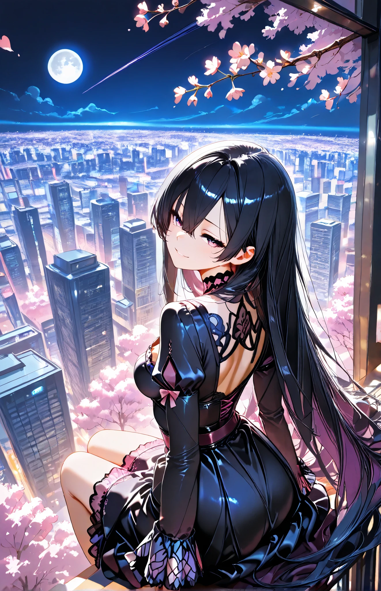 cherry blossoms, looking back, A girl, sharp purple eyes , multicolored eyes , hair between eyes , long side bangs , black hair with fine purple strands , very long hair , medium breasts, black-Pink gothic dress, elaborate dress, elaborate pattern, long sleeves, puff sleeves,Ruffles, laced, sits on the windowsill, looking out at the moon, trees, flowers,sitting, watercolor art style, drawing art style, pastel color, vintage art style,from behind, janpanese stlye,janpanese building, city scape, horizon, vapor trail, neon lights, night, sadly innocent smile, full moon, Look up at the full moon, solo, score_9, score_8_up, score_7_up, source_anime