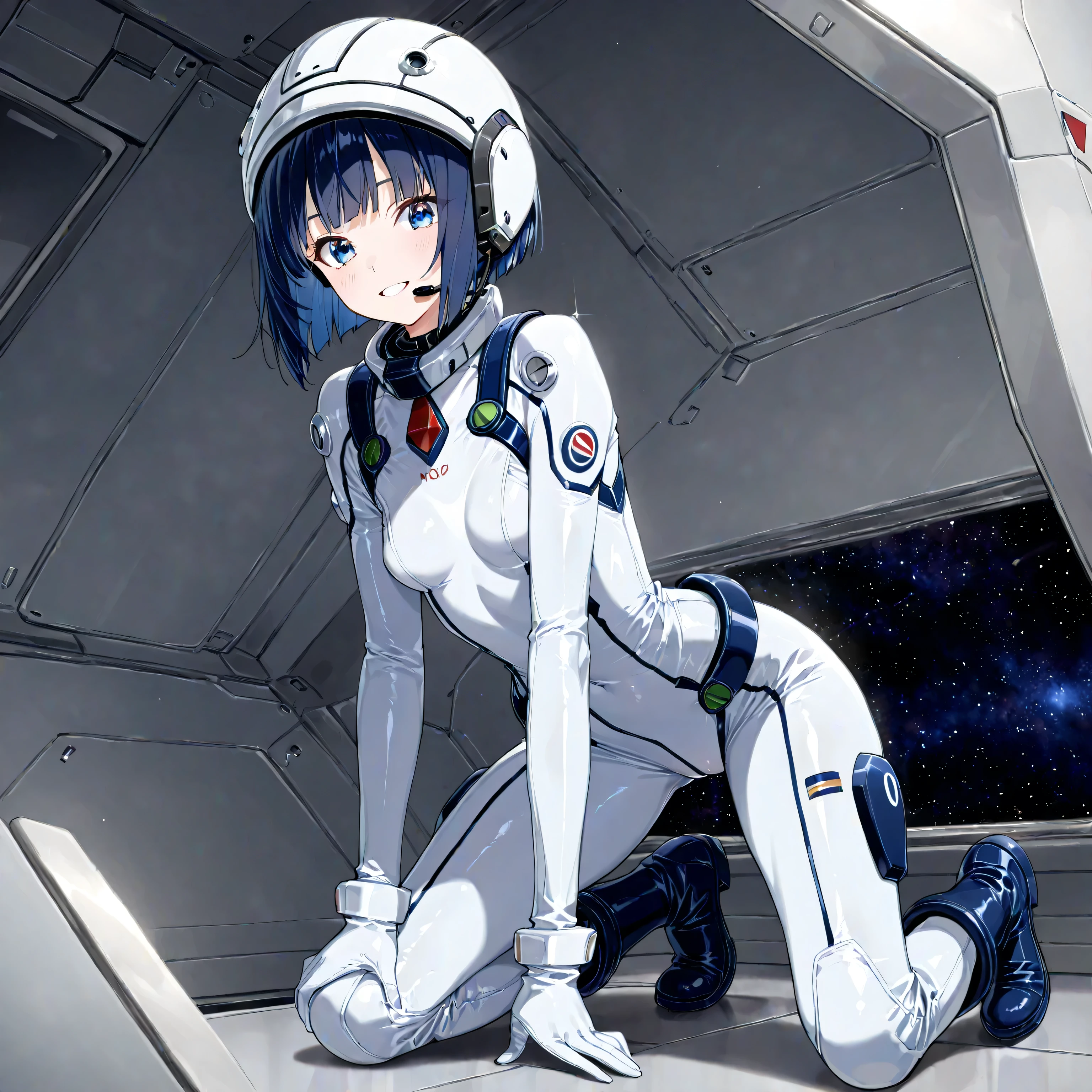 (masterpiece、Top Quality、highest resolution from vagina、 Clear Images 、 Detailed Details ):(full body、20 year old girl、the face of Japan、Xiaoyan、 Slim、 dark blue super short bob cut hair 、(Hidden small breasts:1.3)、 Sparkling Blue Eyes 、white and navy blue shiny pilot suit、Chest protection armor、tight clothes、full bodyを覆うwhite and navy blue shiny pilot suit、魅力的なwhite and navy blue shiny pilot suit、 fitted pants 、肌を隠すwhite and navy blue shiny pilot suit、very delicate and beautiful、胸を隠すwhite and navy blue shiny pilot suit、肩を隠すwhite and navy blue shiny pilot suit、More、太ももを隠すwhite and navy blue shiny pilot suit、お尻を隠すwhite and navy blue shiny pilot suit、cute、 gentle smile、gentle expression、heroine、headset、long hard boots 、elbow length gloves、Eye shot 、 peace talks between fighting factions 、attention arousal、Clever Blue Eyes 、straight face 、Kneeling pose、futuristic space combat helmet)、Futuristic space fighter cockpit,Mirror-polished floor