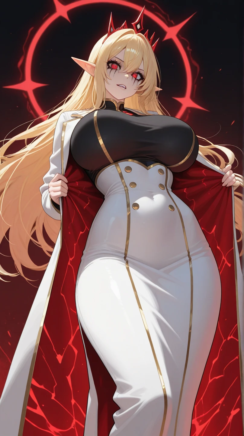 (Masterpiece, best quality), (highres, ultra-detailed), ( perfect anatomy), outdoors, 1girl, solo, dress, sela, large breasts, tan, necklace, white sleeves, thighhighs, muscular, thighs, full body, priestess, church, religous, pants, coat, pullover, boots, body suit, bigdress, big robe,black body suit