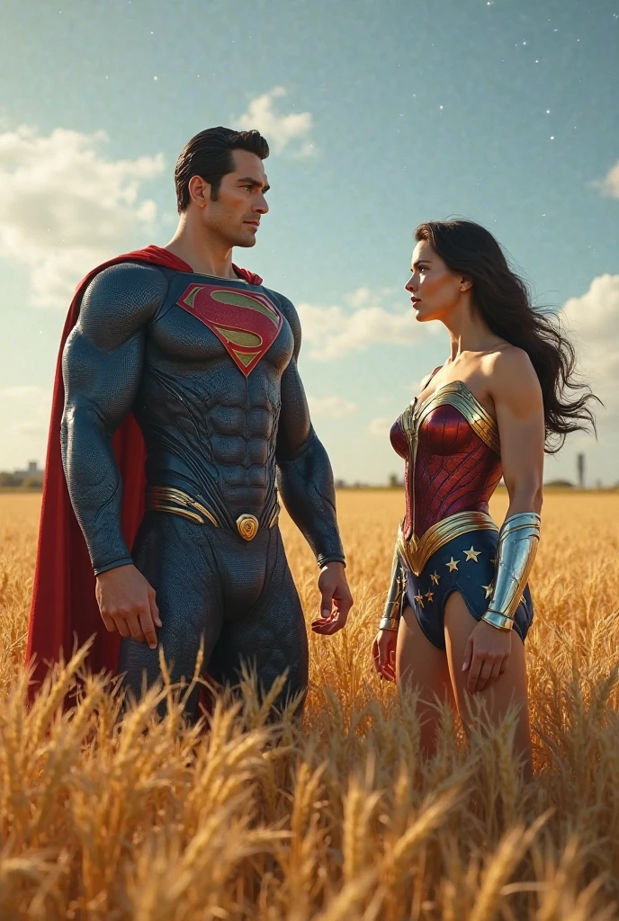 cgi image Wonder Woman with a shock pain face leaning forward. Background, superman standing close behind wonder woman holding arms tightly, stopping her from leaving and a farm field
