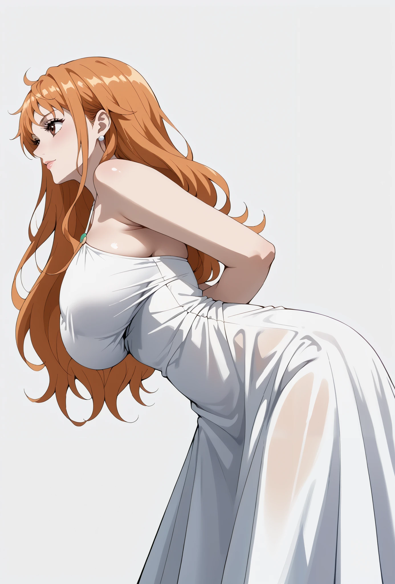 score_9, score_8_up, score_7_up, source_anime, 4K,perfect fingers,(perfect hands, perfect anatomy),prefect lighting, very aesthetic, intricate details,highly detailed background, masterpiece, high quality, best quality,
onepiecenami, nami, long hair, orange hair, brown eyes, large breasts,, 
wearing ((glittery evening dress.  )),,
Standing, A sagging breast,((arms behind back:1.5)),((Side view:1.5)), ((Low Angle Angle View:1.5)), ((White plain background:1.5)) , ((leaning forward:1.3)),