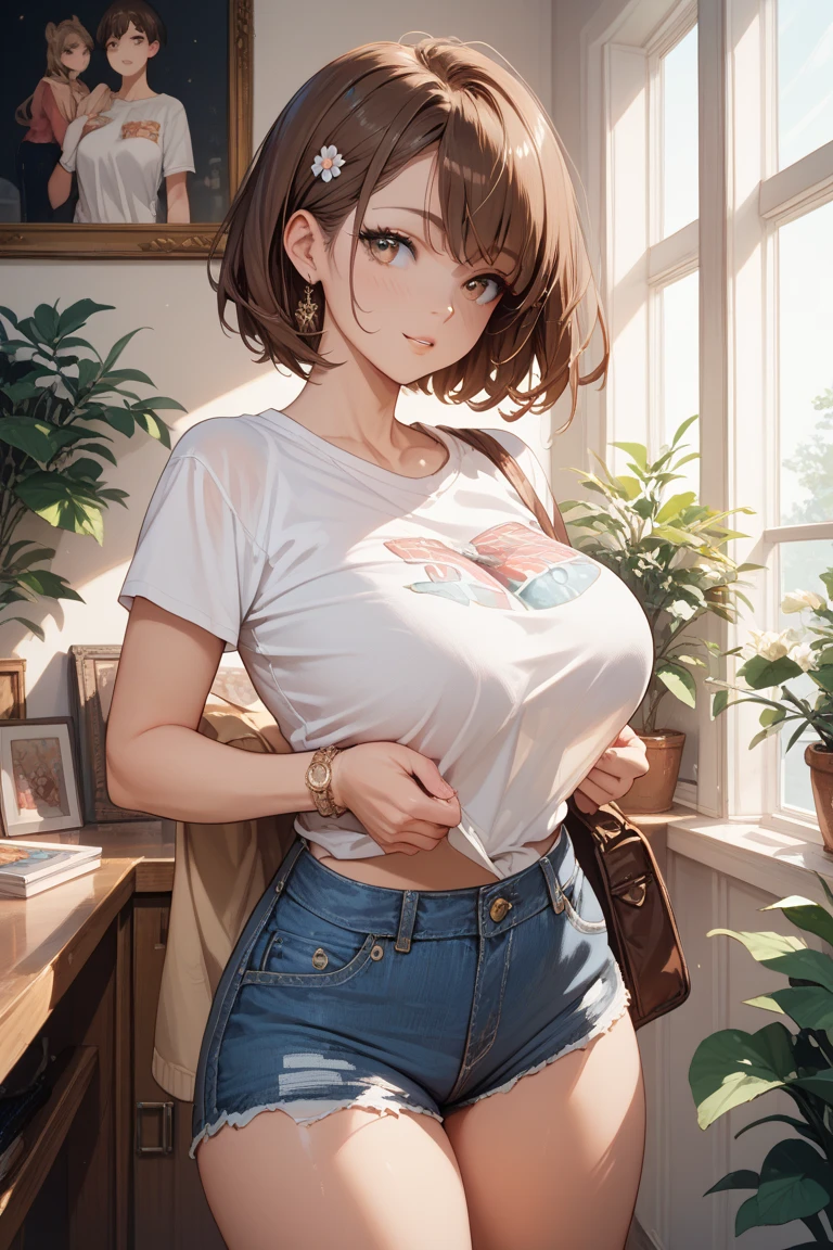((highest quality, 8k, masterpiece :1.3)), One girl, Beautiful woman with slim abdominal muscles :1.3, (Random Hairstyles, Huge breasts :1.2), Casual clothing :1.2, indoor, Highly detailed face, Fine grain, double eyelid ,Sensual,Glossy lips,