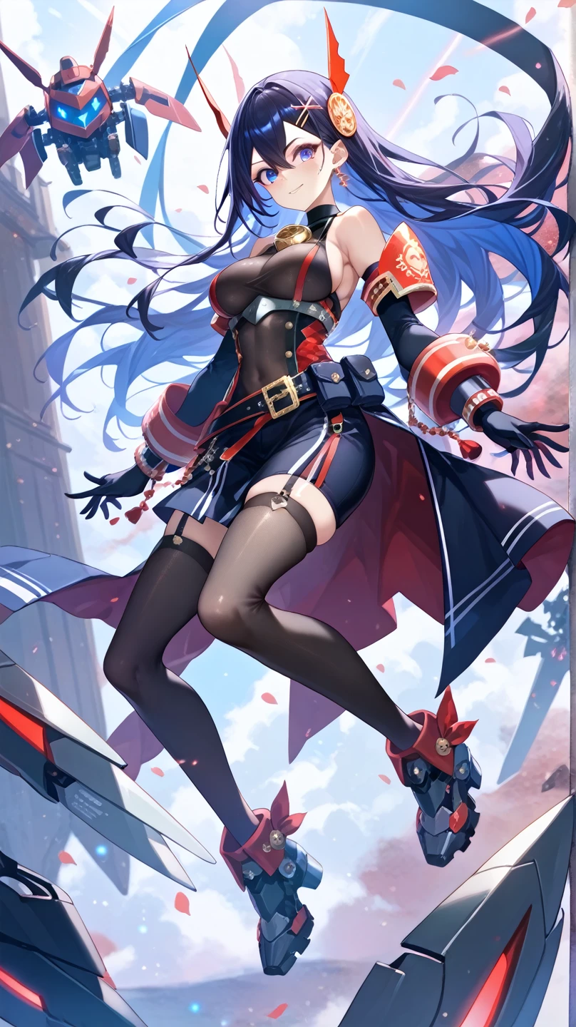 no background, below a nime angelic woman whit turqouse hair floating, she has mecha halo and wings red colors, beauty face, beauty legs, glowing, black hoodie, brown hose, dynamic pose, looking at camera, lrim light, vivid colors, hd, highly detailed, masterpiece, digital painting