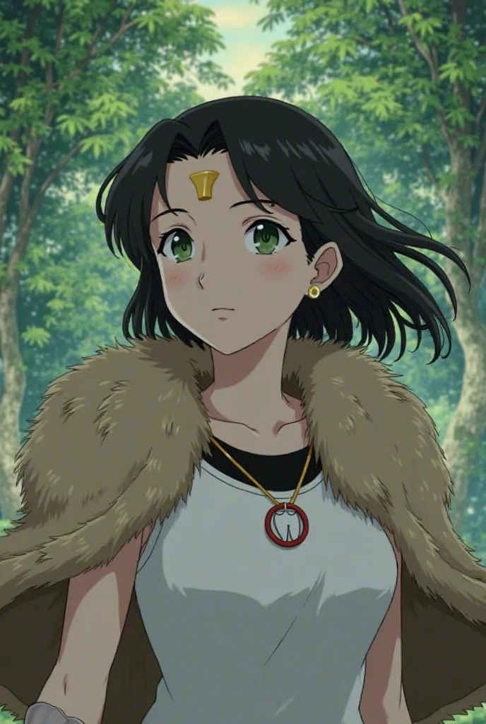 anime screencap from studio ghibli , san \(mononoke hime\), 1girl, armlet, bangs, black hair, black undershirt, breasts, cape, circlet, earrings, facepaint, floating hair, forest, fur cape, green eyes, jewelry, looking at viewer, medium breasts, nature, necklace, outdoors, parted bangs, shirt, short hair, sleeveless, sleeveless shirt, solo, tooth necklace, tree, upper body, white shirt , ((masterpiece))