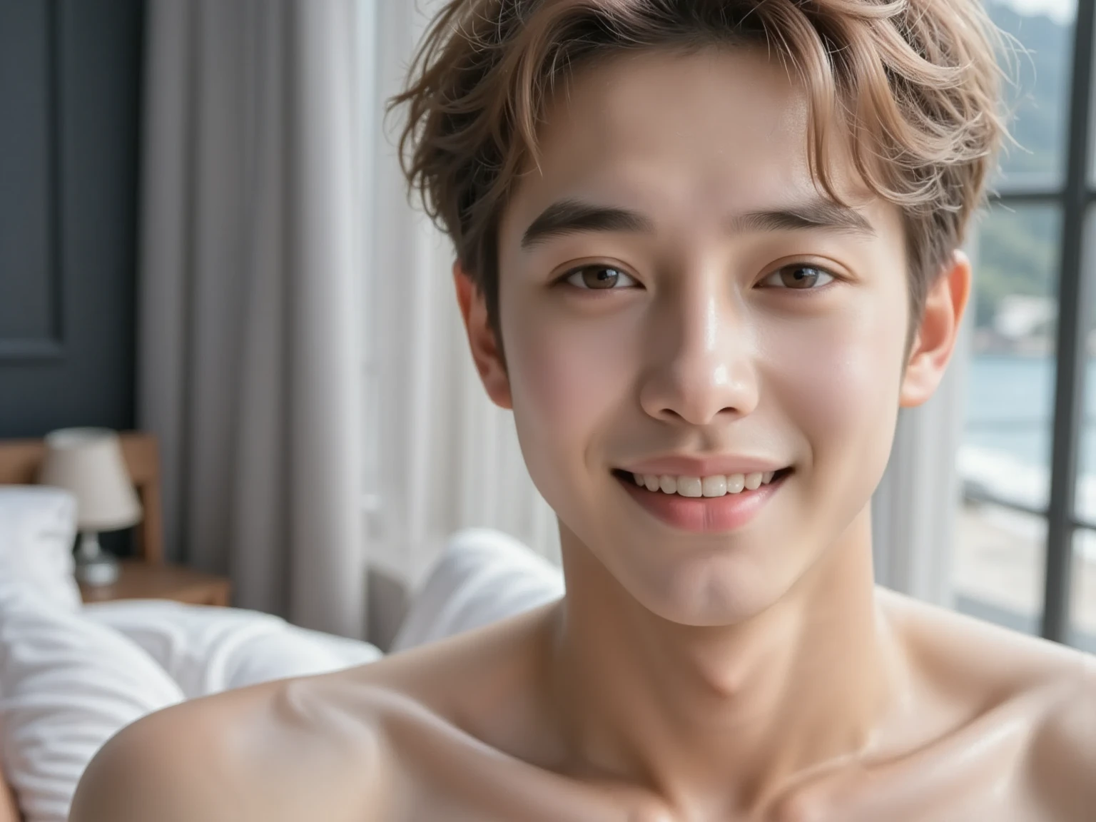 Ultra wide angle,italian 25yo guy , dark short hair with fade, muscular man, Appearance ,wearing only white transparent micro thong underwear,Excellent j8,Big bag highlights,confident expression,Sharp jawline,vibrant skin,smiling,handsome face,Lying in bed,bedroom,professional studio lighting,realistic,In Ferrari, photorealistic:1.37,portrait,vivid colors,cool tone,soft lighting,smiling,The sight that welcomes me