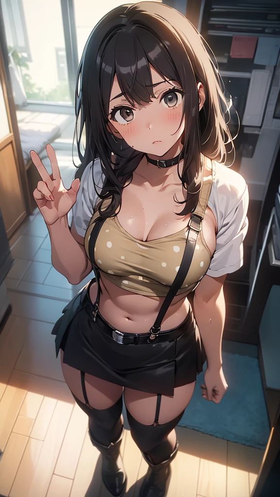 (from above:1.0),(from side:0.9),masterpiece, 1girl, Amazing Cleavage:1.1, thin waist, big ass, Raised sexy, small breast: 1.3, posed cleavage:1.2、solo, looking at viewer, open mouth, have a cute grass of cute beergrass,black hair, dark green eyes, dress, bare shoulders, jewelry, collarbone, sidelocks, hairband, earrings, indoors, off shoulder, :o, sweater, arms behind back, plant, short hair with long locks, gild hairband, off-shoulder dress, sweater dress, off-shoulder sweater, red sweater, dark gord hair, big side hair, very long side hair,is rendered in (masterpiece: 1.2, best quality), with (ultra high resolution) and an exquisite (depth of field). This masterpiece is not only visually stunning but also tells,A scene of cooking in the kitchen by classroom