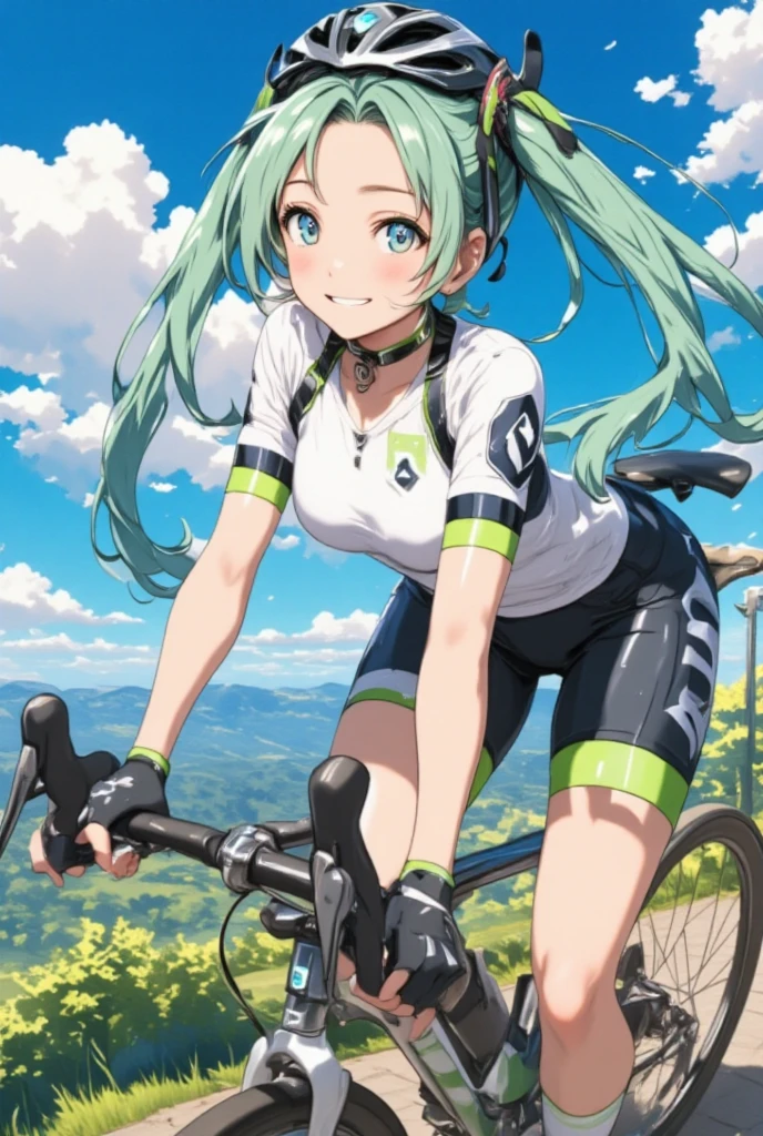 tsukishiroyoko, Green hair, long hair, Blue eyes.,, large breasts, solo ,16years old, , nsfw. Riding a bike, Expressway