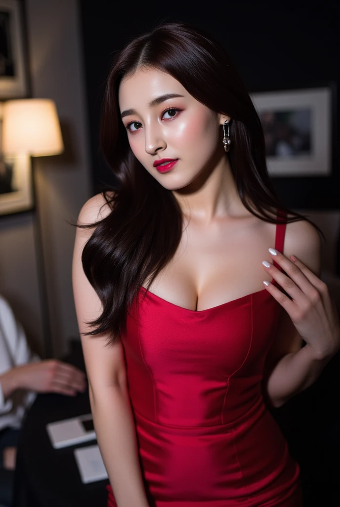 ((midnight, need, 8K, Masterpiece:1.3)), , Long legs, Focaler:1.2, plump body，perfect shape beautiful woman:1.4,((dark brown hair, big tits:1.2 )), (low bust, compact，big deep breasts，black stockings，rift，shift dress，plaid dress), ((tropical garden，Suan Luang，fountain)), Highly detailed facial and skin textures, Detailed eyes, Double eyelids，daisies，wear glasses，sharp chest，Smile too.，Breasts get bigger, Wavy hair，sharp chest，wet，sweat a lot，Wear a choker，put on earrings，Wear a watch，Red lipstick,  (random background,In casinos,VIP casino room, Modern Casino Console, Modern Slot Machines )