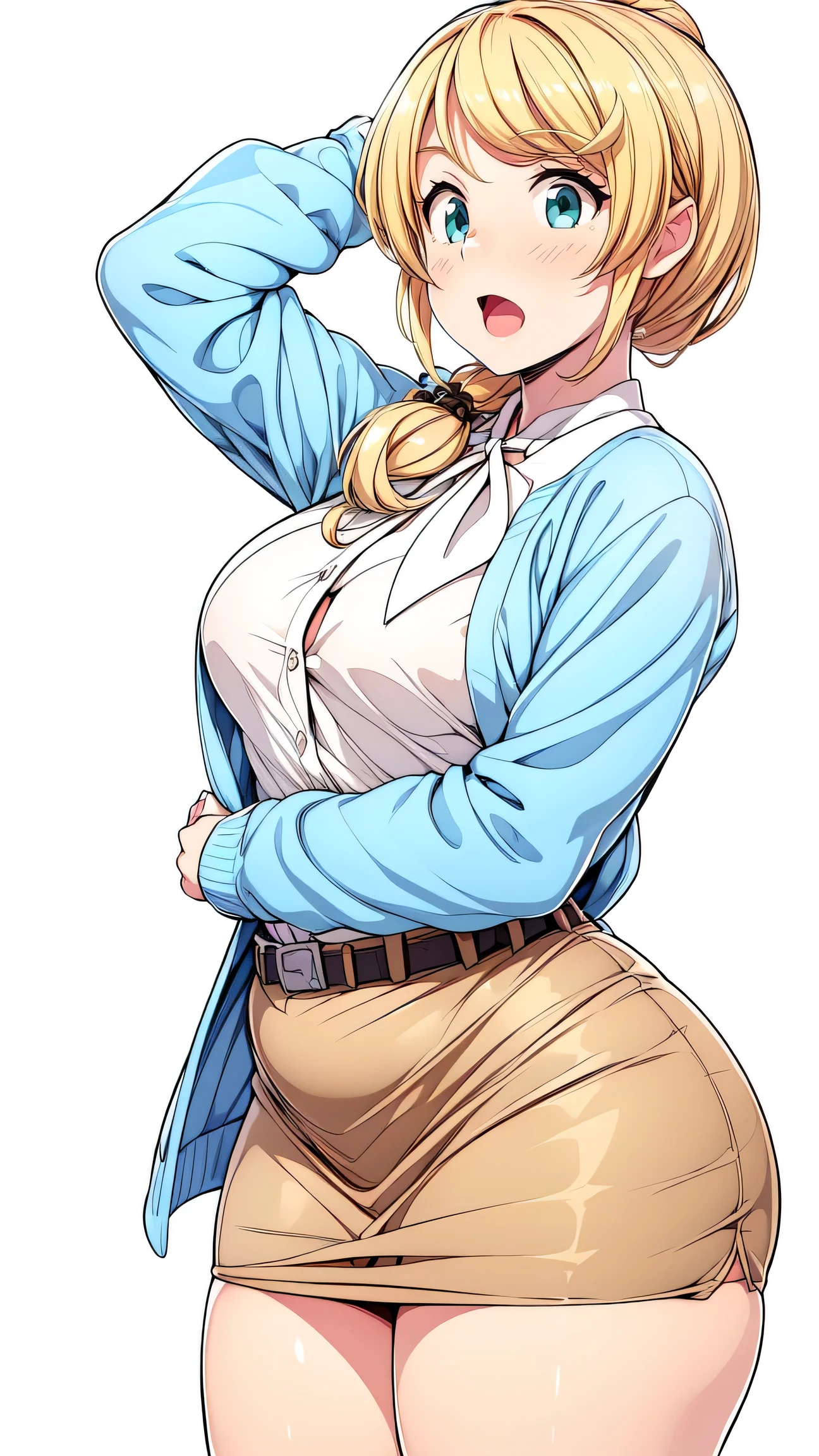 (very detailed CG,Top Quality,8k, masterpiece: 1.3),SUPER DETAILS,  Ultra Fine , ((simple white background)),   Ellen Baker, The girl on the left has no breasts(teacher),22 years old,green eyes, watch, hair(blonde,length,loose side tail), skin(  twinkle in both armpits,   oily), (white sheer blouse),(  light blue cardigan ), (  Light brown mini skirt ), ( cute pink panties standing evenly centered), (thin:1.4), (very small breasts), (thin waist:1.4), ( wide waist), (( plump thighs , Thighs)), Plus Size Model, suffering, open your mouth, Chest , Gap Button  , (from the side:0.9), 