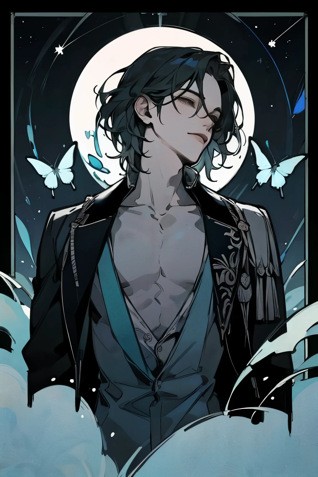 1 men,portraite, messy big hair, Bblack hair, green eyes, Beautiful Mouth, Caucasian skin, vampire appearance, demon horns,grimdark