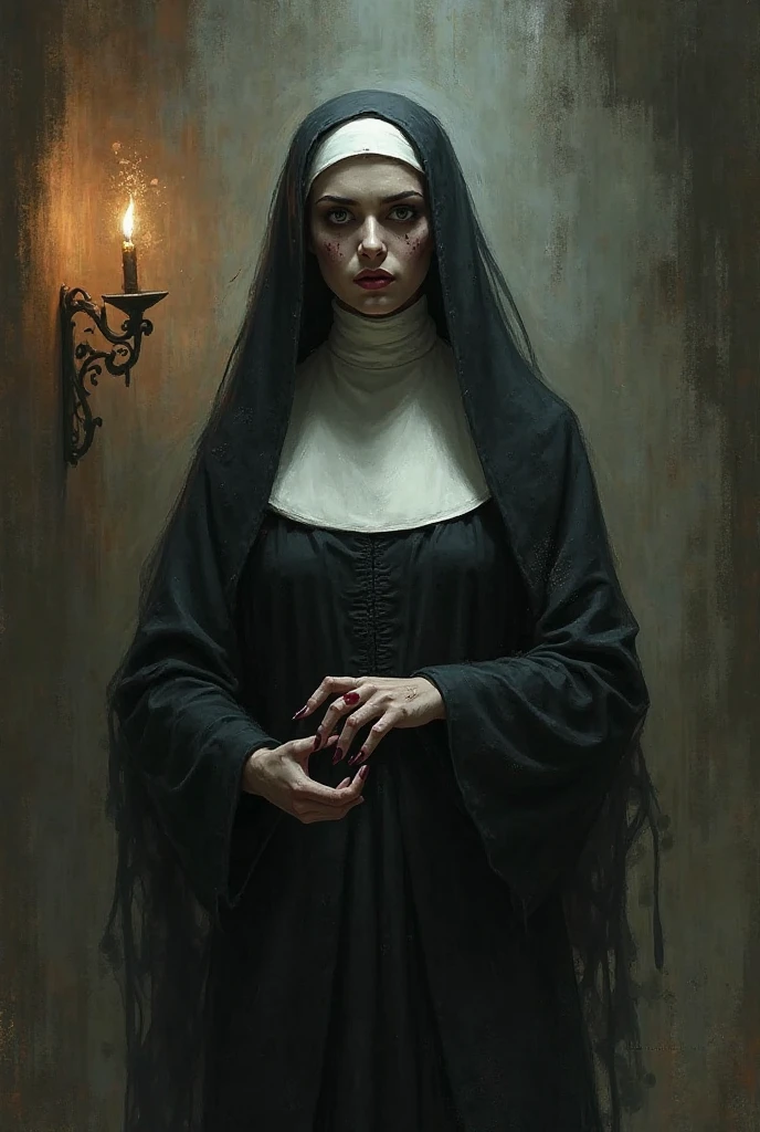 Create an image of Saint Rose of Lima dressed as a nun and her very dark and evil side
