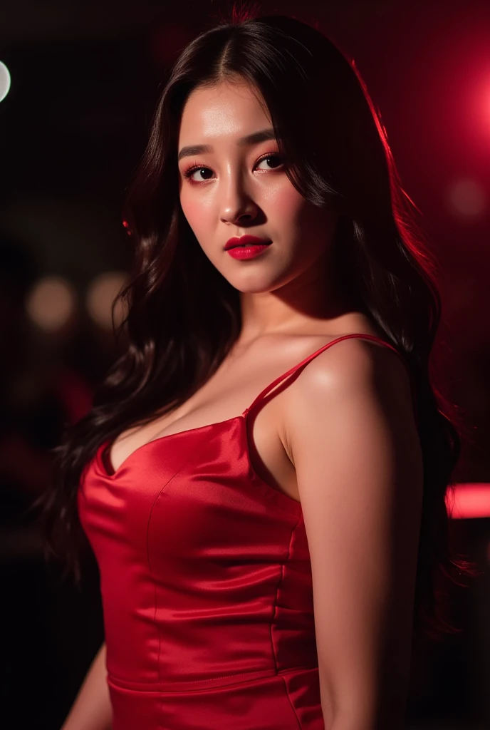 a beautiful asiatic woman with,(((real face))) black and purple hair,detailed facial features, wearing a red outfit, full body, realistic face, (realistic background), ((maximum face detail)), detailed background, cinematic lighting, vibrant colors, 8k, high resolution, masterpiece