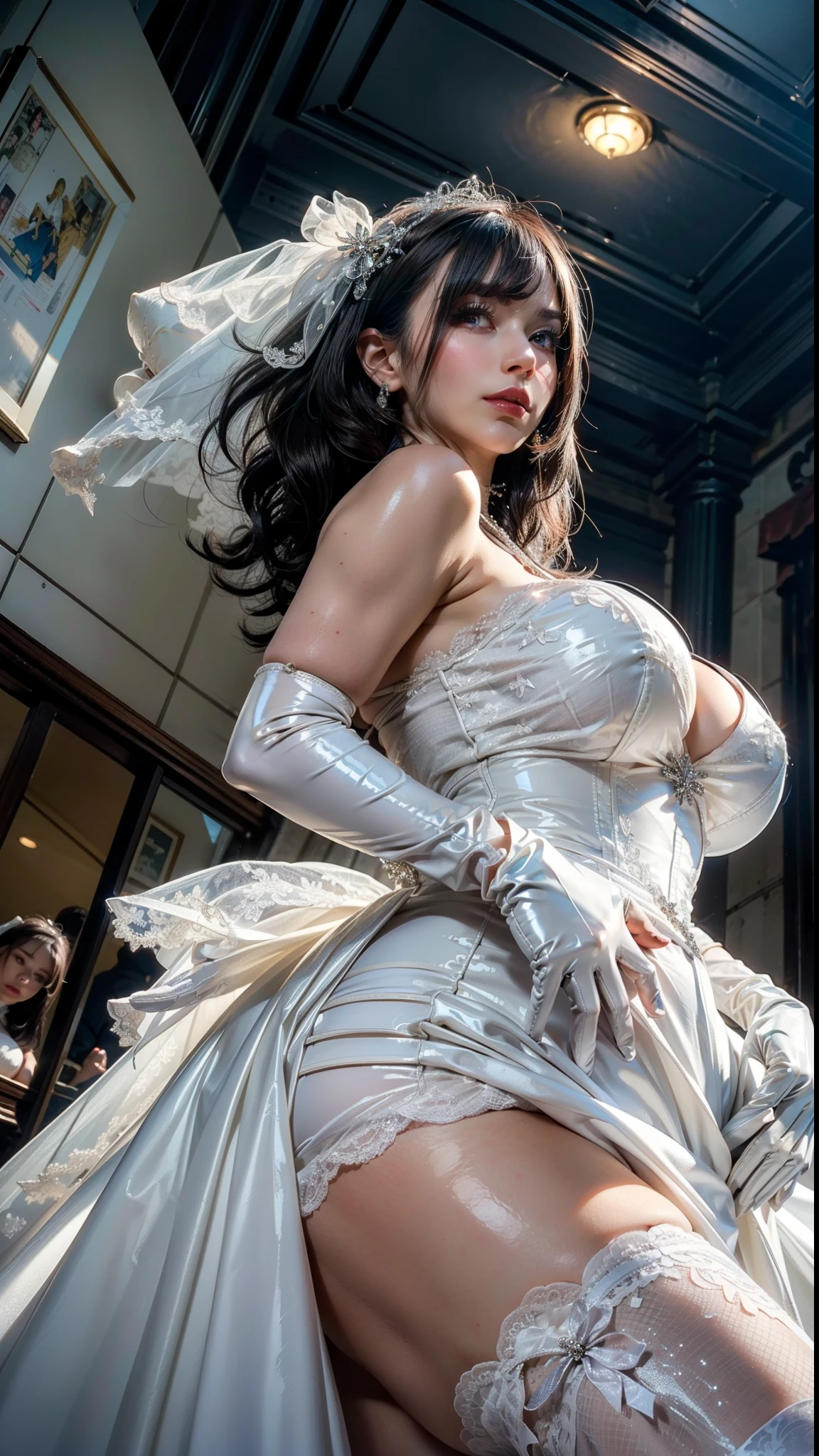 Looking up, 8K, masterpiece, Most detailed, Highest quality, bath, create a sense of fit, Cute Girls,Side Tail, (Wet),moonlight,((wedding)),pubic hair,Veil,(((bride))),((Show off)),(buffy nipples),Ecstatic expression,Outdoor,White lace,Nipples,Bright lighting,Ample breasts,Saggy breasts,Hime cut,