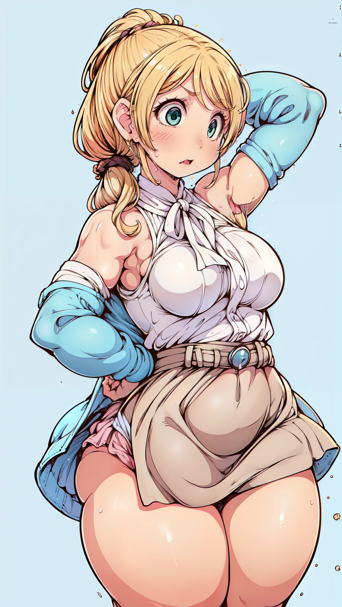 (very detailed CG,Top Quality,8k, masterpiece: 1.3),SUPER DETAILS, Ultra Fine , ((simple white background)), Ellen Baker, The girl on the left has no breasts(teacher),22 years old,green eyes, watch, hair(blonde,length,loose side tail), skin( twinkle in both armpits, oily), (white sheer blouse),( light blue cardigan ), ( Light brown mini skirt ), ( cute pink panties standing evenly centered), (thin:1.4), (very small breasts), (thin waist:1.4), ( wide waist), (( plump thighs , Thighs)), Plus Size Model, suffering, open your mouth, Chest , Gap Button , (from the side:0.9),