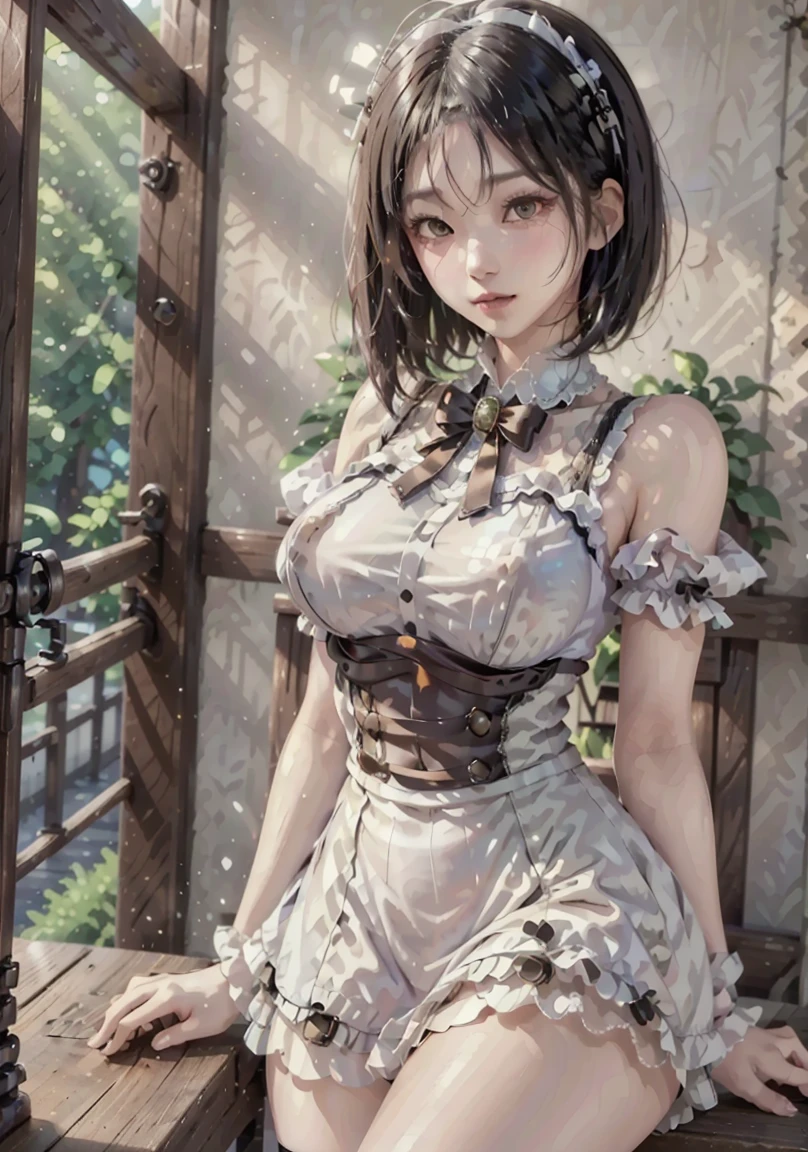Anime girl with dark bluish hair in denim shorts and a latex corset, 16 years old, beautiful body, big breasts, with her hands on her waist, hands in her hair, Sexy girl, bluish hair, side strands of hair with a pink bow, strands of hair with a bow on the side of the face, beautiful lighting, soft shadows, brown eyes, beautiful toned legs, short hair, anime style, hand on the waist, hand in the hair, character Akane Tendo, Author Rumiko Takahashi, Based on a work by Rumiko Takahashi, Anime Ranma 1 / 2, sexy cleavage, robust hips, full body, full body, big bust, young girl with nice and beautiful body, sandals on her feet, girl 16 years young, wearing denim shorts and lstex corset, anime girl, anime style, beautiful feet in sandals, 45° viewing angle, outdoors, big breast, beautiful breasts, black hair, sandals on feet, beautiful legs, sexy, beautiful legs, Sandals, big breasts, full body, full body, feet with sandals, big bust