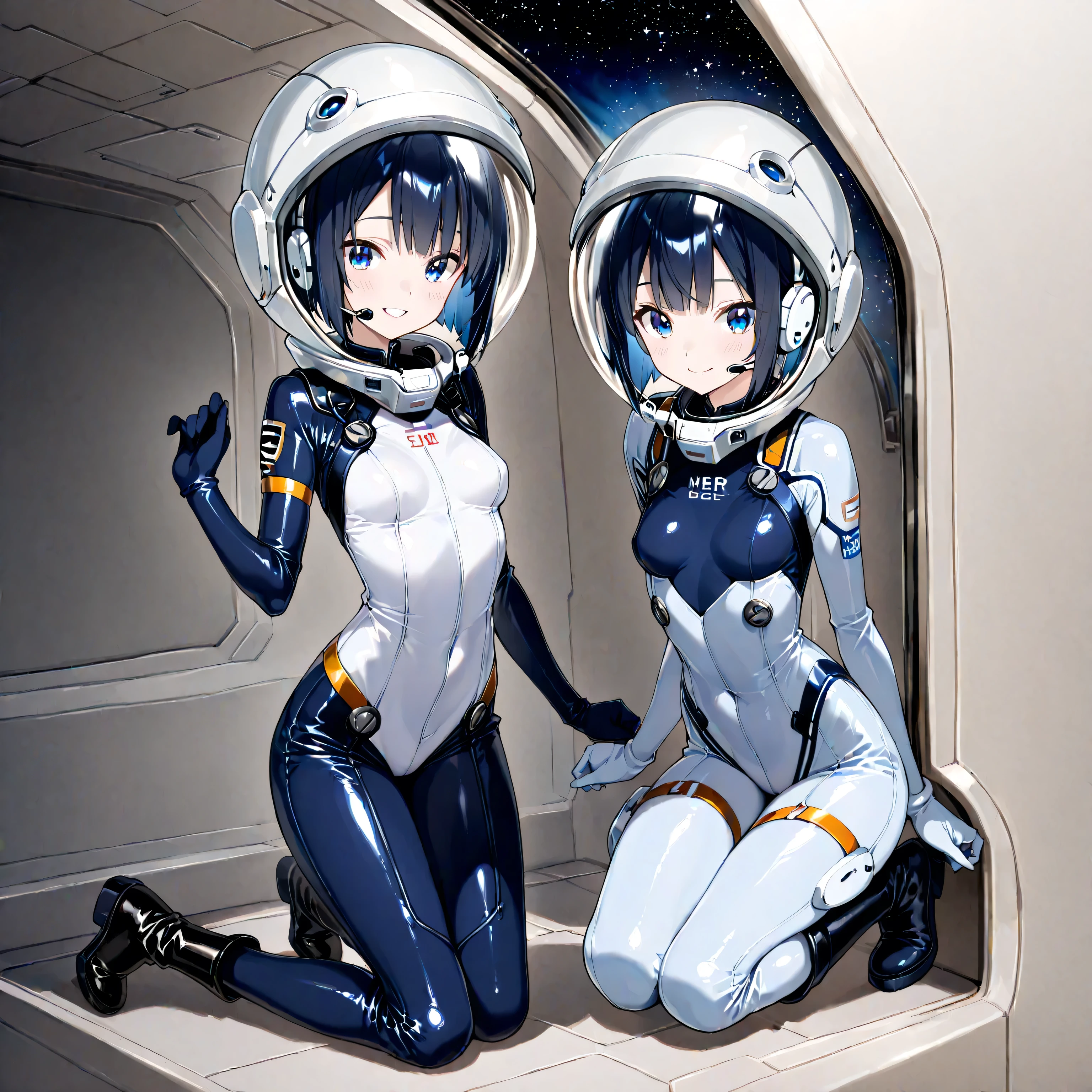 masterpiece, best quality, ultra-detailed, SC, (scissoring pose:1.6), pussy across pussy, 2girls, scissors pose, yuri, legs spread,space helmet, bubble helmet,, eva helm, (room:1.7), spacesuit