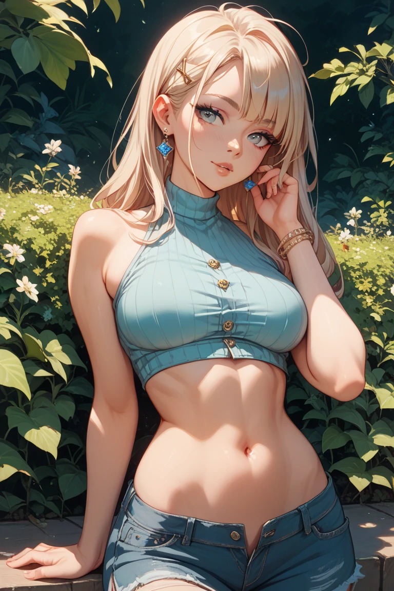 (masterpiece:1.2), (highest quality:1.2),, Curvy but slender body, perfect eyes, perfect face, perfect lighting, 1 girl, in the garden, (dance battle),(feet visible),(dance violently),(shorts),(Tank top),(ponytail),curly hair, Fine clothes, Detailed outdoor background, compensate, eye shadow, thick eyelashes, fantasy, looking at the viewer, whole body,alice in wonderland、blue sky、Bright and very beautiful face、young shiny glossy white shiny skin、the best beauty、The most beautiful bright blonde hair in the world、thin hair、long hair、Shining beautiful bangs、Glowing crystal clear big blue eyes、Very beautiful and lovely 18 years old, the most beautiful girl in the world、small breasts