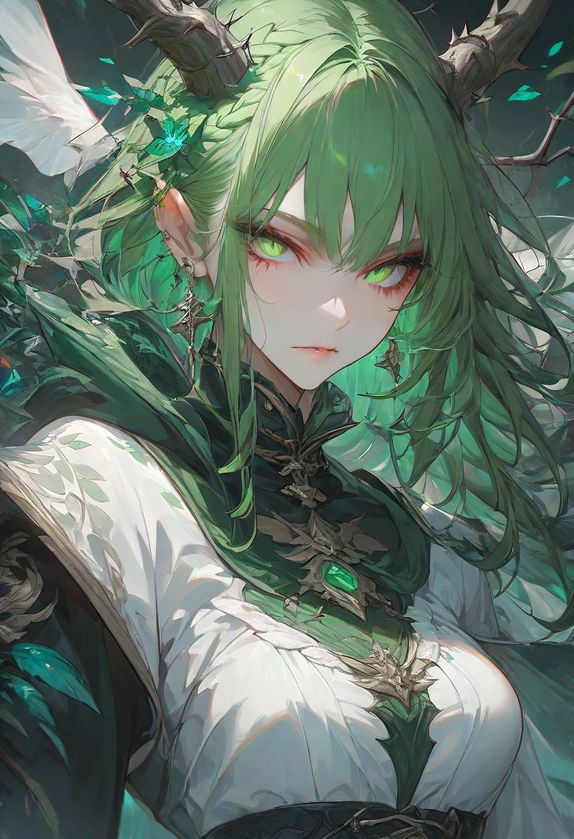 Designed by nty, A woman is, Professional t-shirt design vector,Tokar, 8K, hyper HD, Albino demon girl standing, colorful clothes, shot from far away, (largeeyes, Eyes are delicate and beautiful, Beautiful and delicate face, Details on the face), ( Green curls:1.3) , pink rose bush, winking ,(long and complex horns:1.2) Sneakers with socks, white backgrounid, Complicated details, coloured background, Abstract