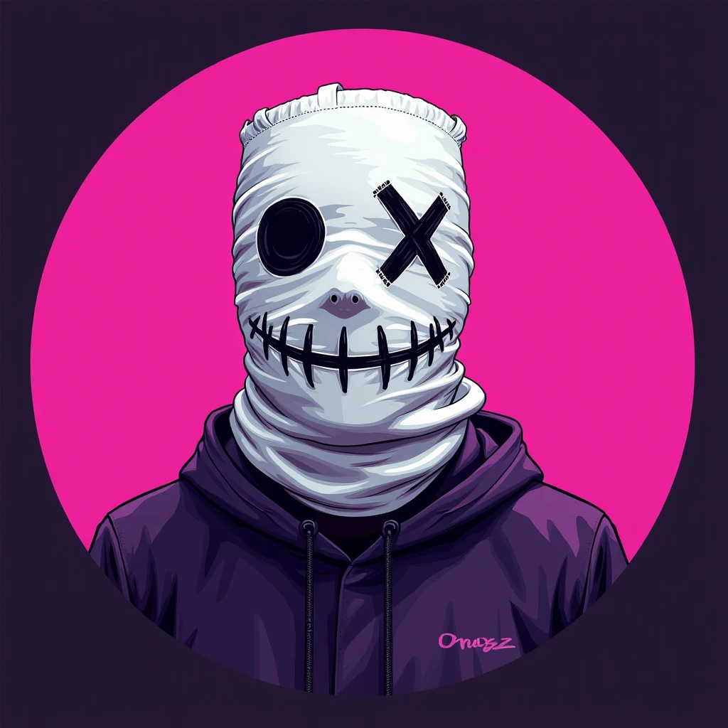 The image features a funko pop character with a simplistic design, predominantly pink and blue in color. The funko pop has large antlers on its head and a skull for a face, which is typical of Halloween imagery. It's wearing a hoodie that appears to be pink or magenta, with a small white skull emblem on the front. The character's expression is neutral, and it seems to be looking directly at the viewer. Funko pop figurine, full body, whole body, made of plastic, product studio shot, on a white background, diffused,lighting, centered.