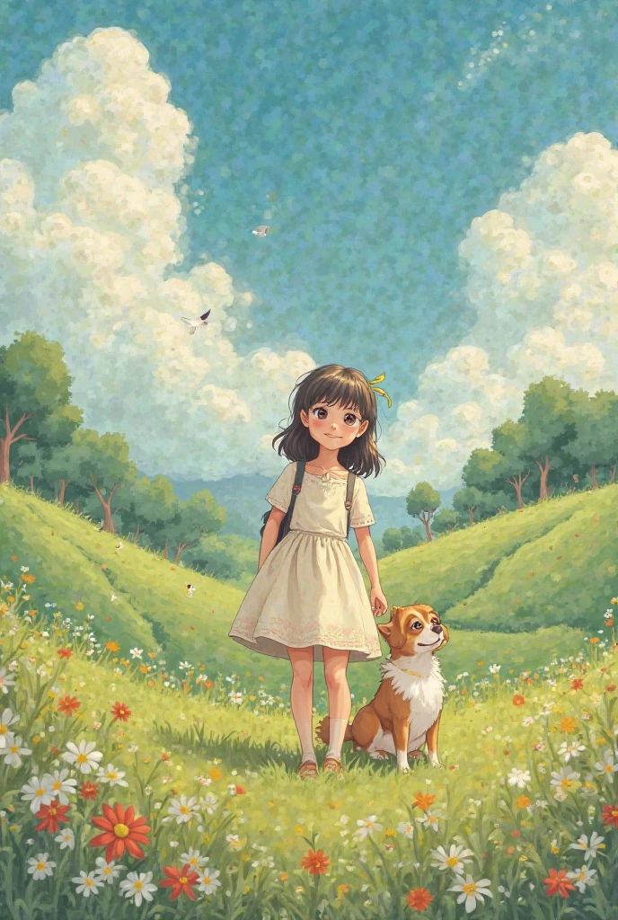Ghibli style of a sweet girl with a dog
