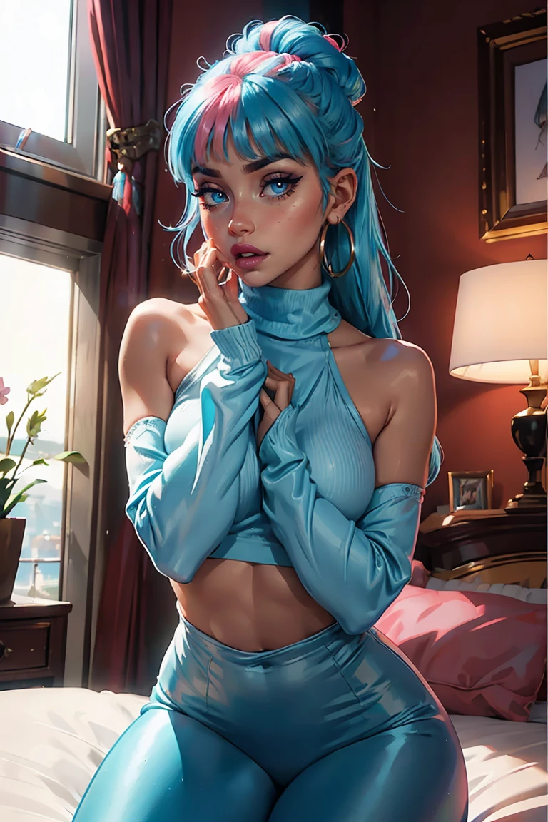 Best quality, Masterpiece, Portrait, Perfect anatomy, Femininity, Cool, Flawless, , Solo, Sexy, Stylish, Mature, Long light blue hair, Mole above lip, Red lipstick, Water drops, Sweat, Wet, Transparent dove sexy dress, in the room he lies on the bed and looks at the phone in his hand