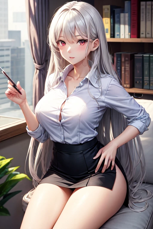 photorealistic, a high resolution, 1 woman, One, hips_up, hips up, beautiful eyes, up, blush, look at the viewer, Close lips, detailed face, White hair, long hair, nude, topless, breast, black skirt, pencil skirt, stockings, the library, Shiny skin, wet skin, slender body