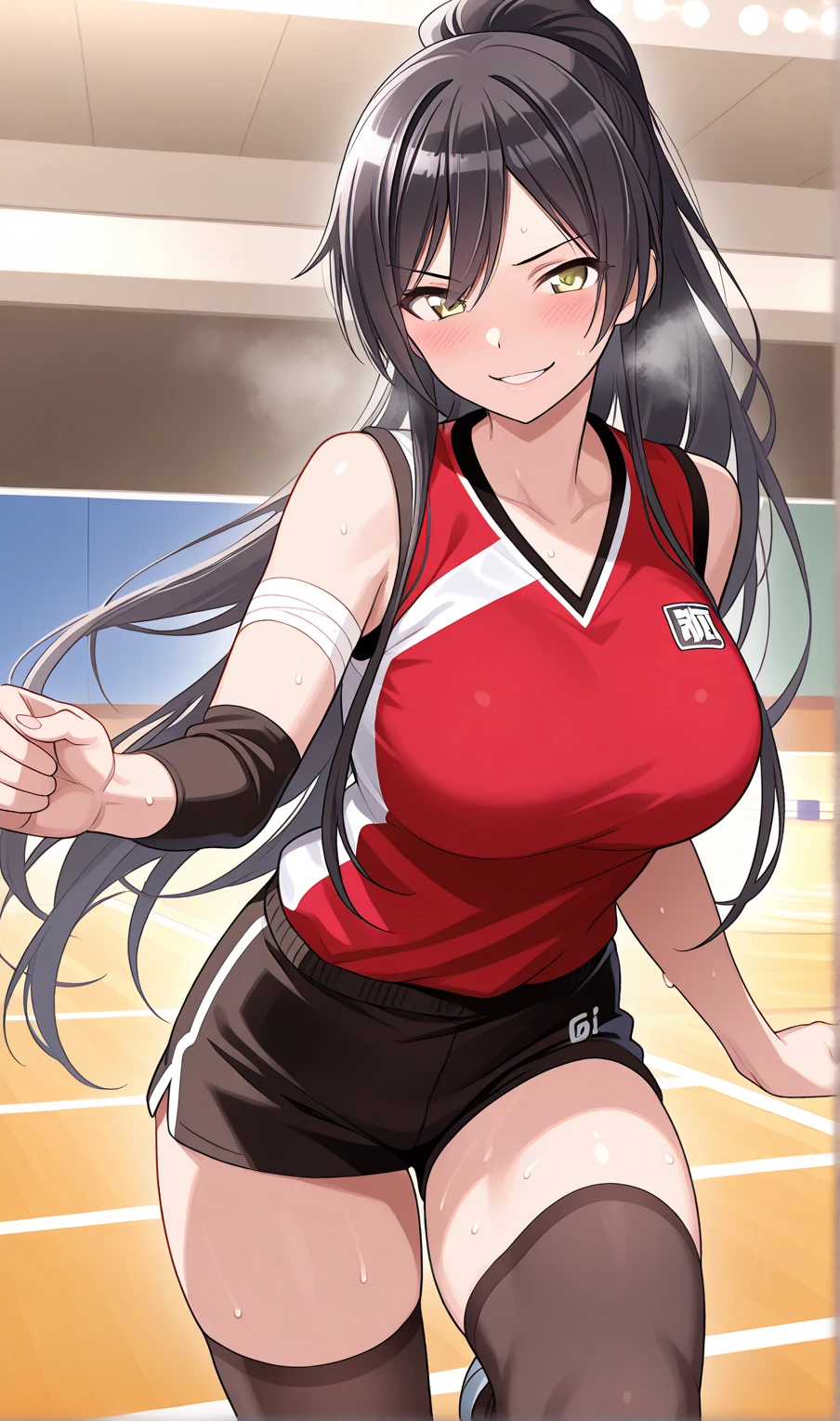 masterpiece, best quality, komi, looking at viewer, large breasts, upper body, portrait, seductive smile,both hands raised, armpits, armpits visible, sweaty armpits, wearing volleyball uniform,