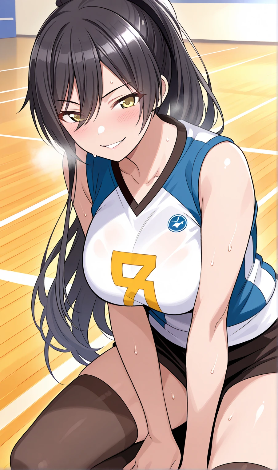 masterpiece, highest quality, Very detailed, ,Fine details, Anime style, One girl, middle part, slicked back hair, large breasts、Big Ass、Tight waist、Dynamic Angle、Long Hair、Beautiful Eyes、dark brown hair, Shiny Hair, light brown eyes、smile, sexy pose, bewitching pose, Hands on Hips, ((volleyball uniform))、track and field athlete, Gymnasium、Depth of written boundary、Shorts、