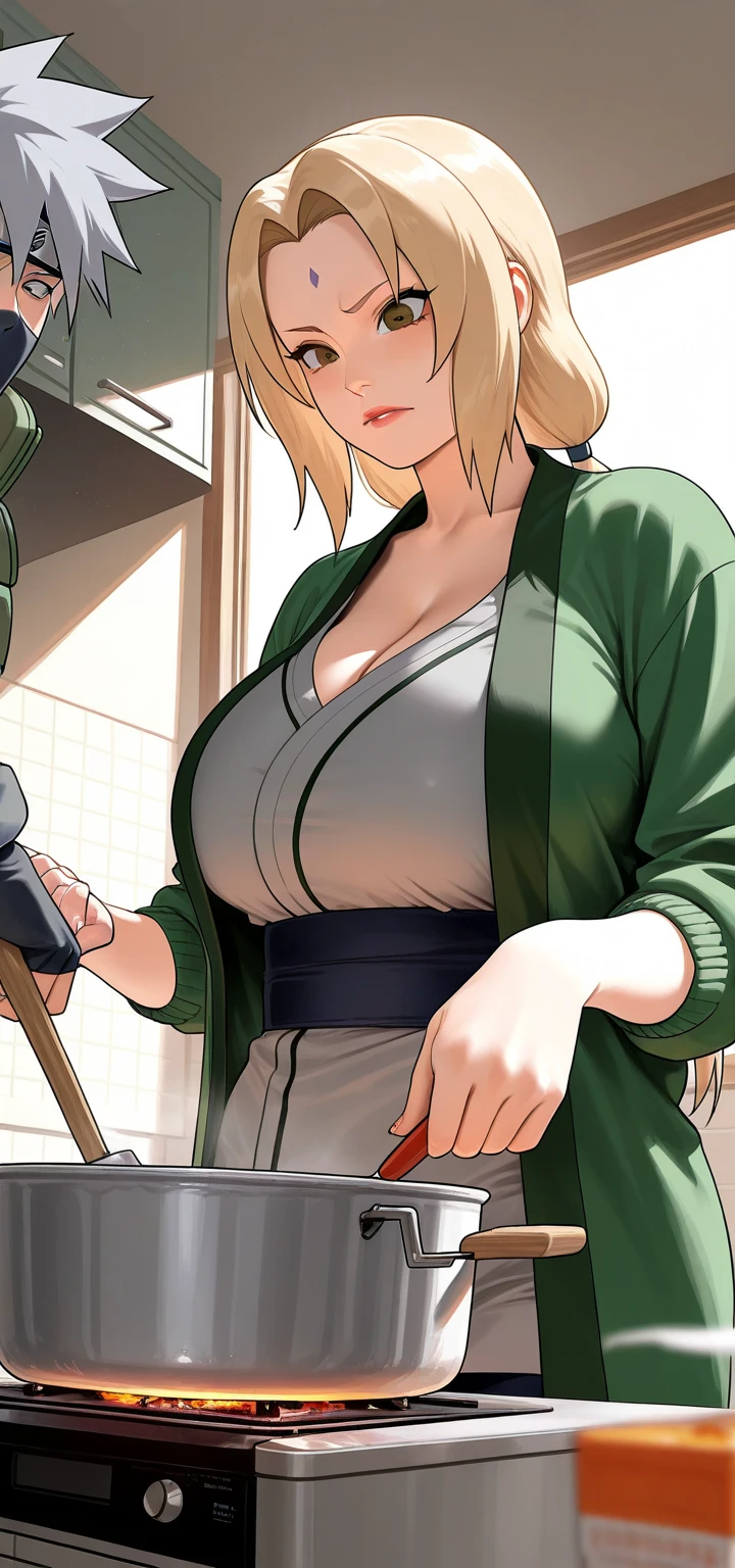 1girl,alone,tsunade senju,masterpiece,standing,office,hokage,desk,paperwork,naughty face,breasts out,green coat,open coat,gray pants,tight pants,shirt pull,beautiful,blonde hair,eyes brown, seductive, sexy body, huge breasts, medium waist, wide hips, medium thighs in, perfect eyes, cinematic lighting, 1 woman, alone, tsunade, mature woman, assertive woman, separated breasts, hands on waist, looking at viewer , looking back, from behind, focus on the ass, pov (from below), seductive smile, flashing, perfect anatomy, perfect hands