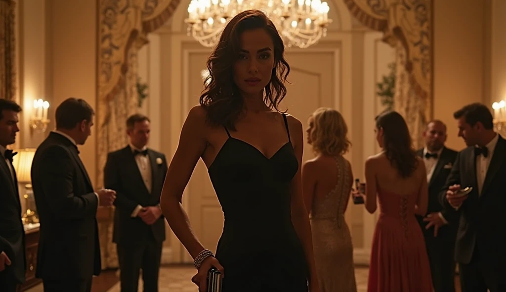 Girl, long brown hair, pale skin and blue eyes at a party wearing an elegant black dress, being watched by Damien Ronali, The mafia boss