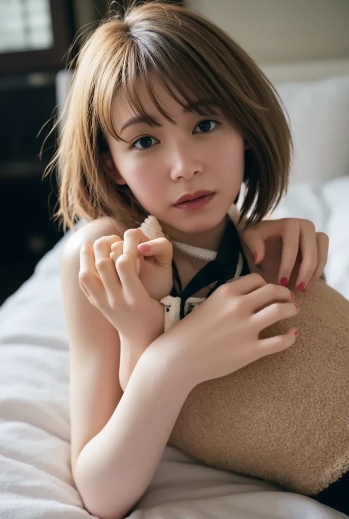 ashley, naked, ribbon on the neck, Skinny body, small bust, very feminine, lying down, sideways