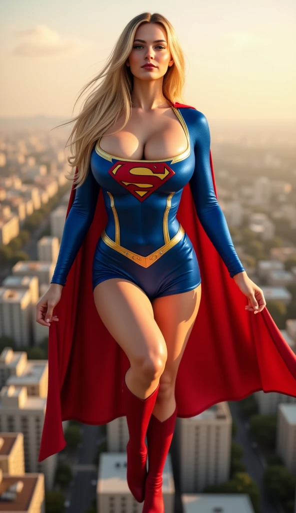 Hay una mujer conun traje de Supergirl Azul y rojo con capa y otas, brillante como el oro y la plata, mujer rubia de ojos claros, Supergirl, atletica, attractive 27 year old, es una imagen de supergirl, piernnas bonitas, cabello risado, Supergirl letra S en el pecho, esta sentada en el coliseo romano en roma, atractiva mujer, Supergirl