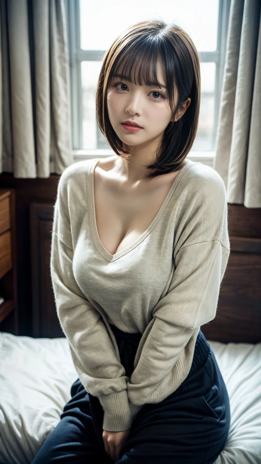 masterpiece, Best Quality, 8K, 20 yo, huge breasts, cuddly, Solo, sad, Cute, Girly, Delicate girl, Neat and clean beauty, Raw photo, Professional Photography, Portrait, Soft light, Professional Lighting, Back lighting, Upper body, front view, Sophisticated, Film grain, (Eyes and faces with detailed:1.0), short length floating hair, beautiful flowing hair, bangs, Oversized Sweatpants