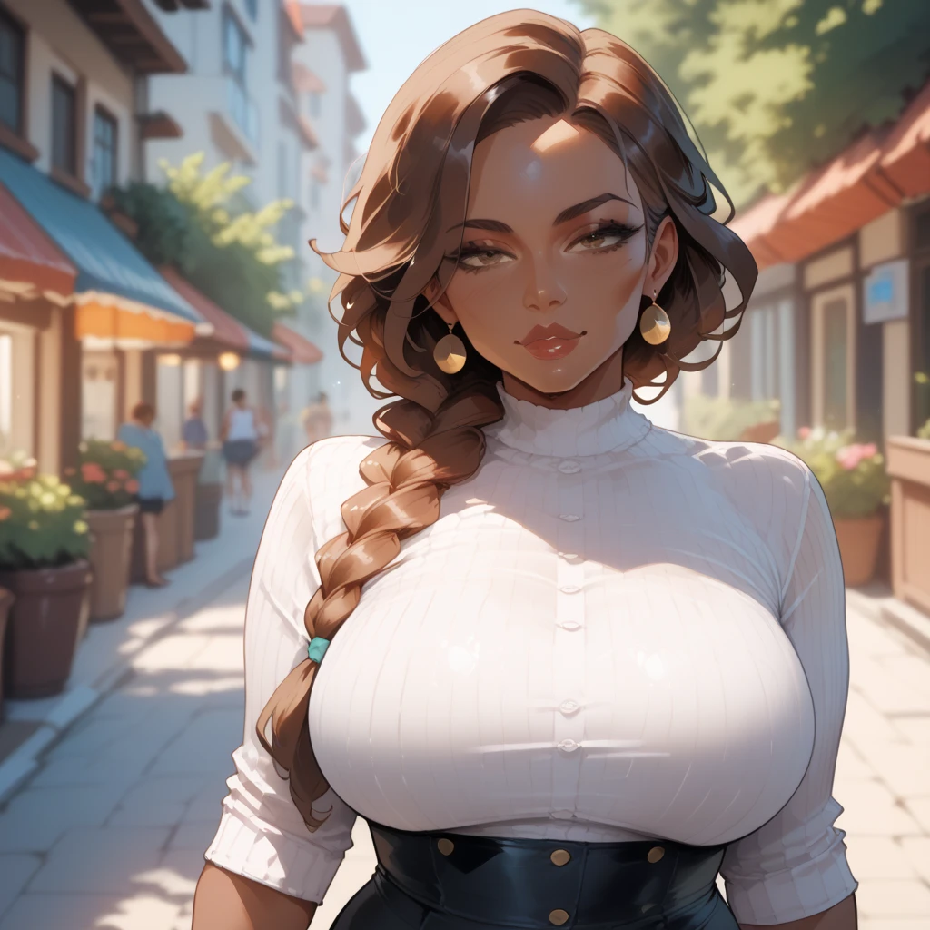 (day:1.7), a city with a lot of buildings and a sky background with clouds in the background and a blue sky, architecture,
Standing at attention, at the roof,
deep cleavage, collarbone, White apron,bare shoulders,
black Hair, brown eyes, Bangs, single braid,
1 girl, 20yo,Young female,Beautiful Finger,Beautiful long legs,Beautiful body,Beautiful Nose,Beautiful character design, perfect eyes, perfect face,expressive eyes,
looking at viewer, in the center of the image,(Upper_body),(close-Up),(Focus on her face),
official art,extremely detailed CG unity 8k wallpaper, perfect lighting,Colorful, Bright_Front_face_Lighting,shiny skin,
(masterpiece:1.0),(best_quality:1.0), ultra high res,4K,ultra-detailed,
photography, 8K, HDR, highres, absurdres:1.2, Kodak portra 400, film grain, blurry background, bokeh:1.2, lens flare, (vibrant_color:1.2)
(Beautiful,large_Breasts:1.4), (beautiful_face:1.5),(narrow_waist),