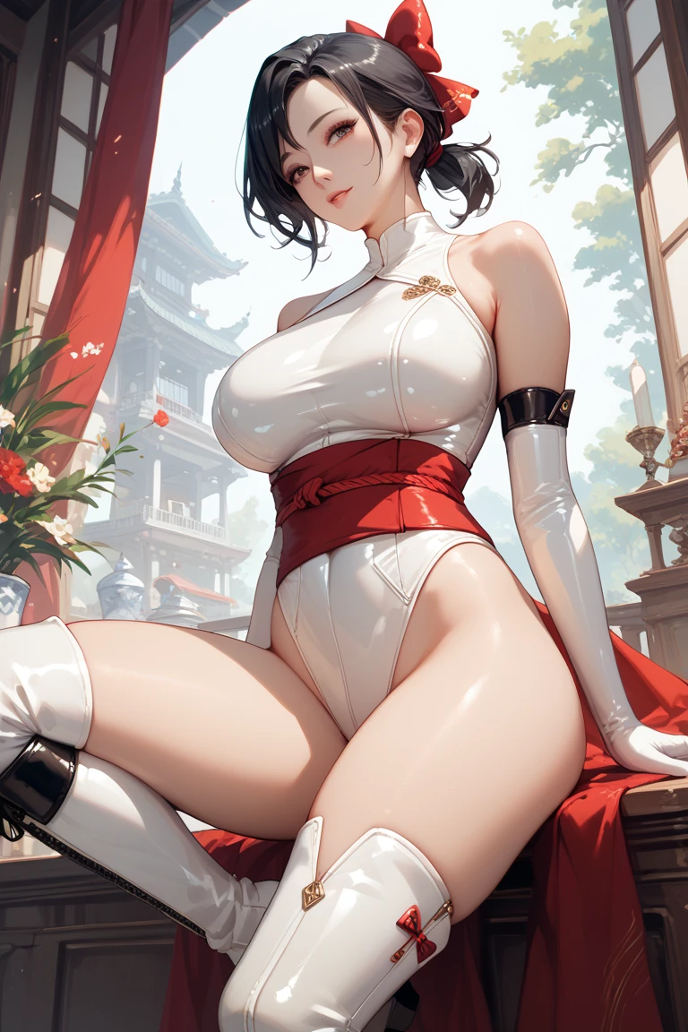 1girl, (solo:1.4), very very long hair, detailed hair, high ponytail, (white sleeveless leotard:1.2), high open funnel storm collar, side cutout, cleavage, (sideboob:1.2), detailed face, (looking at viewer:1.2), thigh, light particles, best quality, (masterpiece:1.2), ultra-high resolution, (realistic:1.3), futuristic elegance, clear focus, gentle lighting, vivid colors, full body, medium wide shot, (gigantic breasts:1.2),
