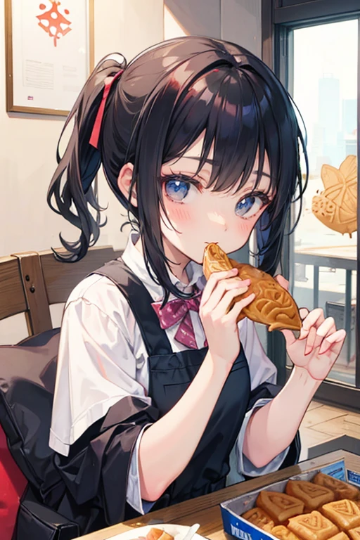 body 8 times longer than head, (Highly detailed CG unity 8k), (highest quality),(very detailed),(ultra high resolution), black hair, High school girl wearing a navy sailor suit, Anime 2D rendering, realistic young anime high school girl, ((White headband)), purple eyes, small breasts, tall, slanted eyes, (school scenery), black stockings, bright color, open your mouth a little, Dark blue skirt, bob cut, position looking down from above, Run, Dash while eating bread、
