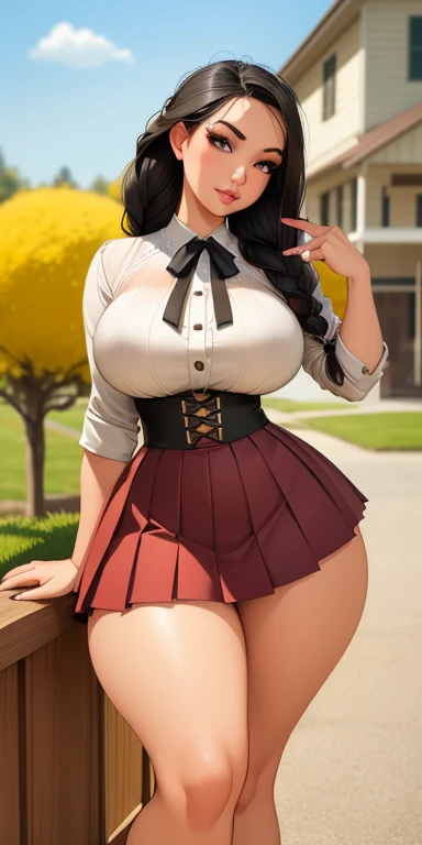 Ass focus from the side: Solo gorgeous teacher sweating and stripping out of her tiny plaid skirt, luscious hair, sexy hair bun, large sexy detailed eyes with long eyelashes, full thick pouty lips, big gorgeous smile, huge massive hanging breasts with puffy nipples, blushing face, tight frilly choker, tiny toned wasp waist, massive wide hips, huge round jiggly ass, wide thigh gap, thick toned thighs