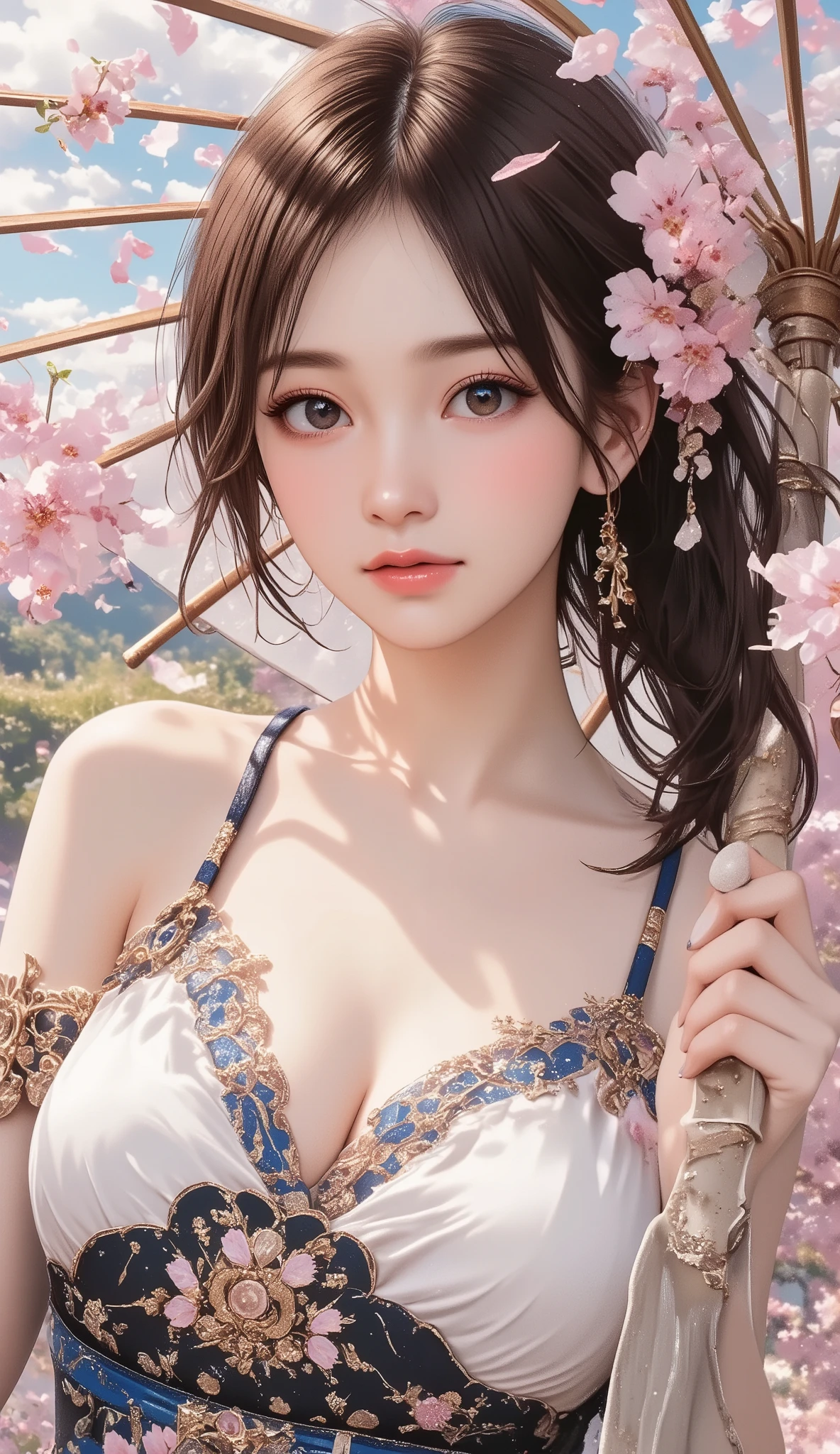 Woman holding a Japanese umbrella , Nishijin Textile Kimono , Japanese painting style , BEAUTIFUL ANIME STYLE PORTRAIT, Extra , detailed portraits of anime girls , Beautiful Anime Portrait , BEAUTIFUL ANIME WOMAN , digital animated illustration, Anime Style Portrait , Additional Art ,realistic, beautiful anime girl showing naked skin, ((large breasts:1.2), (huge breasts:1.2), (Uplifted and well-defined bust:1.2), (lifted chest:1.2), (perky breasts :1.2),(deep cleavage:1.4), anime-style digital art , animated illustration, ponytail, Navy Blue Kimono , Background is Sakura Fubuki