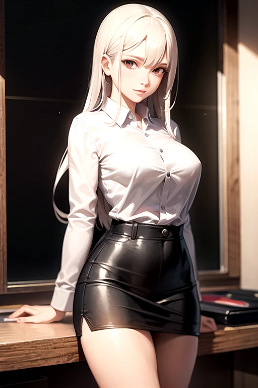 Sitting on a chair in a black dress, very sexy outfit, female fashion model, young woman, 20 years, big butt and big breasts, transparent gray skirt, mesh shirt, chrome clothing, shiny silver, luckily I look, big breasts, Best Quality, masterpiece, super high resolution, realist,