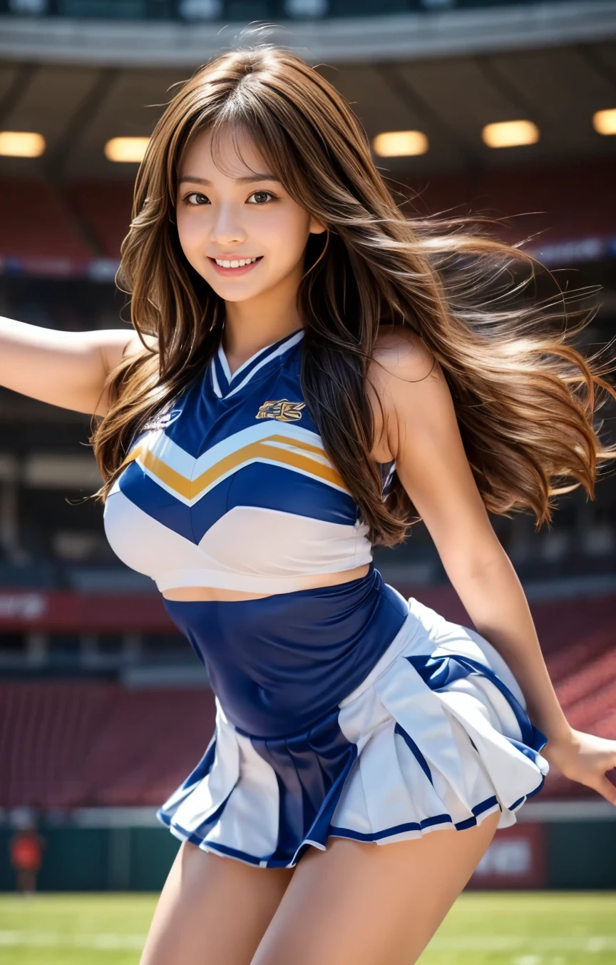 (8k, masterpiece, best quality, high resolution, photorealistic, real girl), (1girl), densely drawn stadium, cheerleader, (body wet with sweat, face wet with sweat: 1.3): 0.2, model figure, ruffled miniskirt, knee-high boots, dainty Japan of 18 years old, very detailed face, double eyelids, makeup, lip gloss, super densely drawn body, Dense arms, dense hands, precise feet, smile, face focused, standing, small face, full body from a little distance, sharp focus, shortcut, facing the viewer, bright lighting