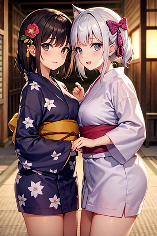 ((2girl : 1.8)), high-definition images,  ((anatomically complete:1.2)), accurate legs, atmospheric perspective, 8k, super detail, accurate, best quality, two shot, two women, ((Yukata girl :1.6)), different color clothes,  ((show off nipples:1.9)), ((show off pussy:1.5)), ((spread pussy:1.5)), open mouth, open legs, (??????? face), (drooping eyes, blush sleepy), slut, (showing off her areola), masturbation, outdoor, in Kyoto town, ((crouching on grass), sitting line up, cute face, accurate arms, 8K, masterpiece, perfect legs, perfect hands, perfect arms, perfect body, (different hair style:1.3), (different face:1.3), ((hair up)),  1girl is black hair and another girl is blonde hair,  natural pause, balanced body, skirt lift, ((no extra legs)), no extra hands, no long neck, natural, 2 legs, 2 hands, ((open clothes:1.5)), ((two girls lined up)), Both of them have their clothes open, ((large breasts)), female public hair, Both of them have their clothes open, one small pussy, natural skin, ((looking at viewer)), from below, accurate fingers, 